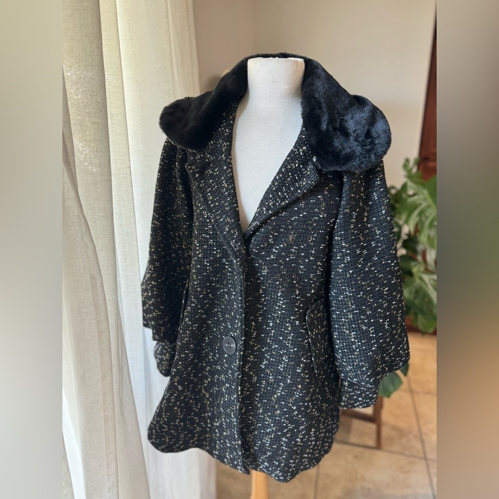 Anthropologie Azel‎ Hazel Black Tweed Coat M | Faux Fur Collar & Detachable Hood